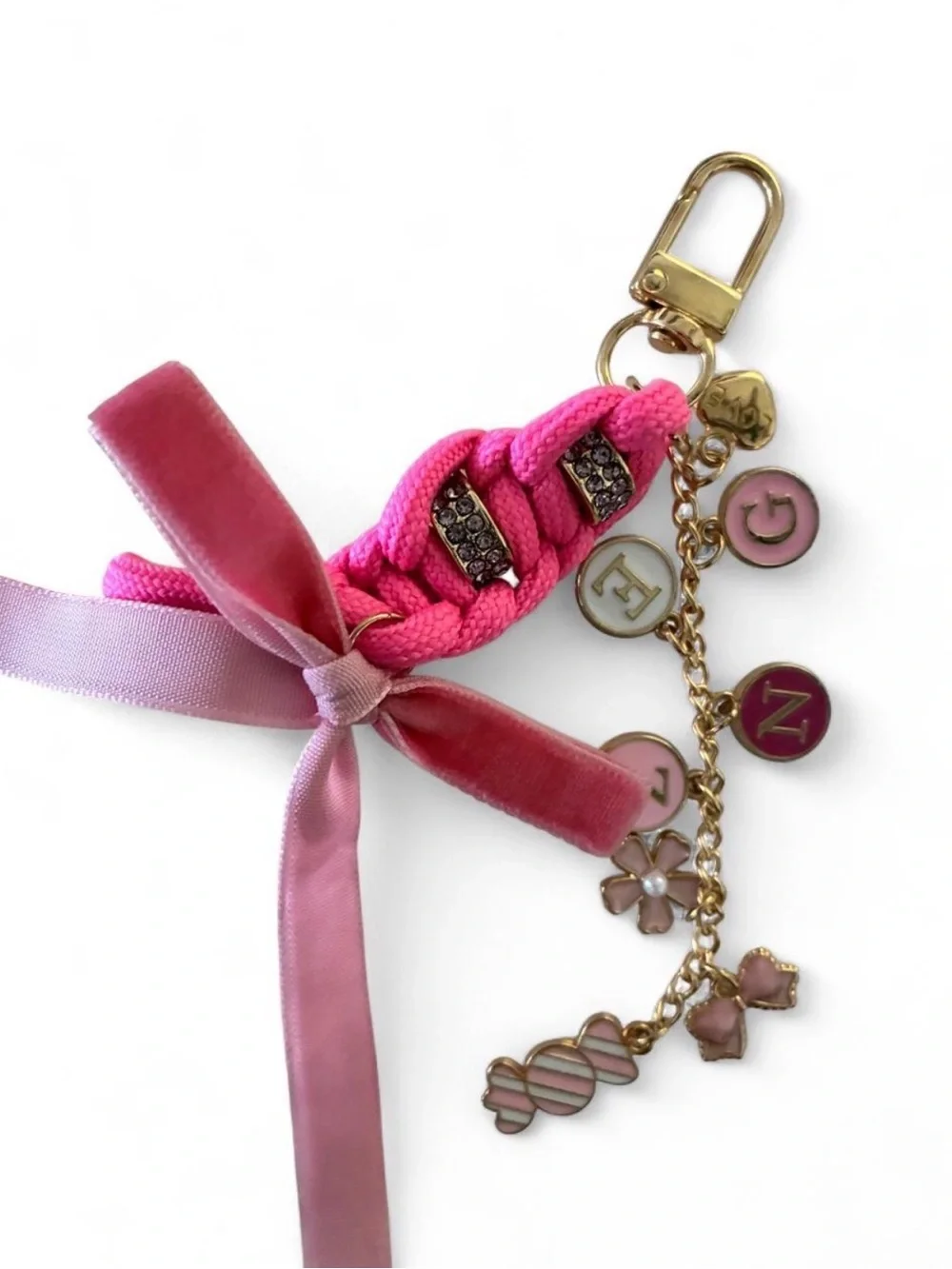Pink Braided Ribbon Charm Keychain with Gold Accents